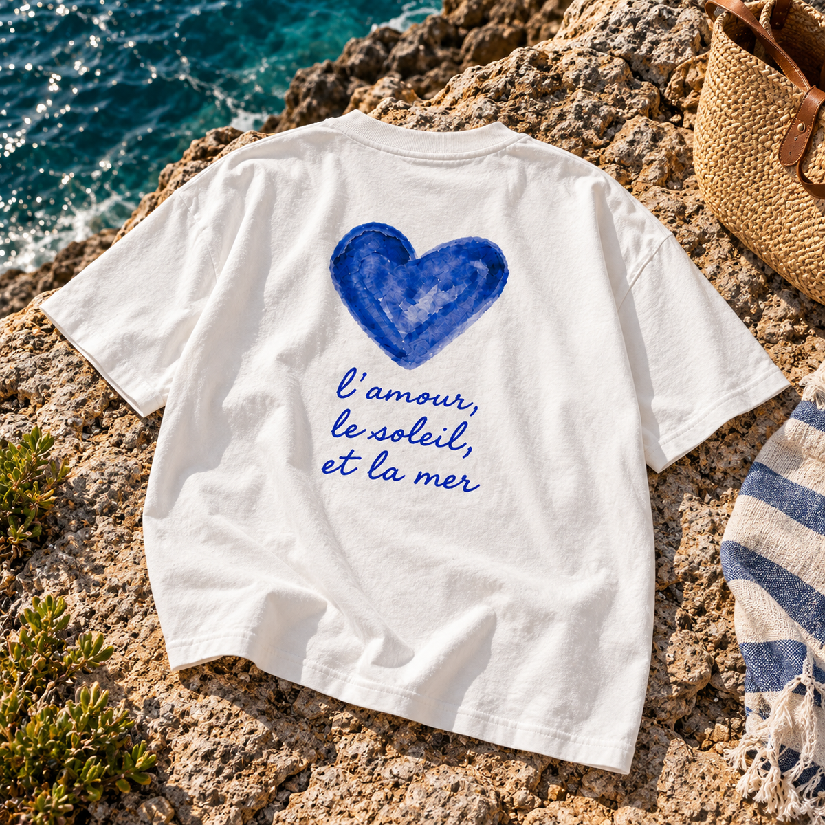 T-shirt L'amour, le soleil et la mer — photo d’ambiance et détail du motif