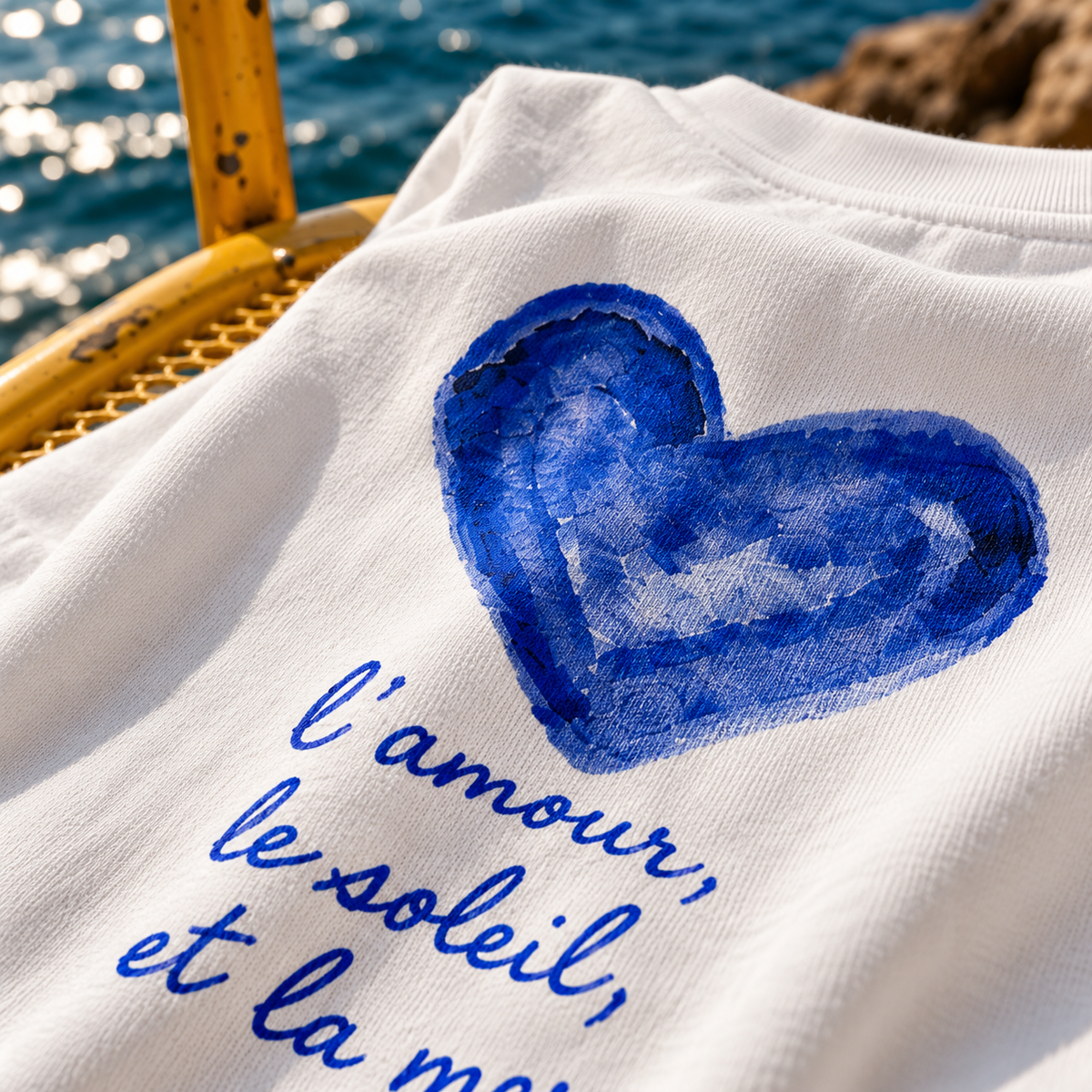 T-shirt L'amour, le soleil et la mer — photo d’ambiance et détail du motif
