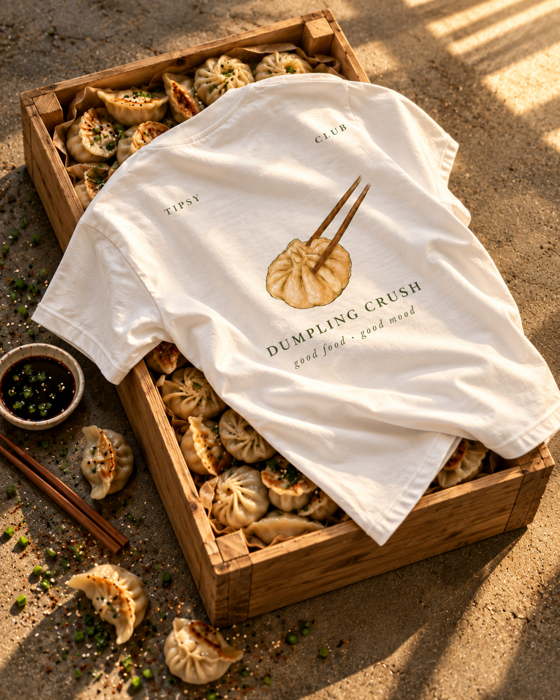 T-shirt Dumpling Lover — photo d’ambiance et détail du motif
