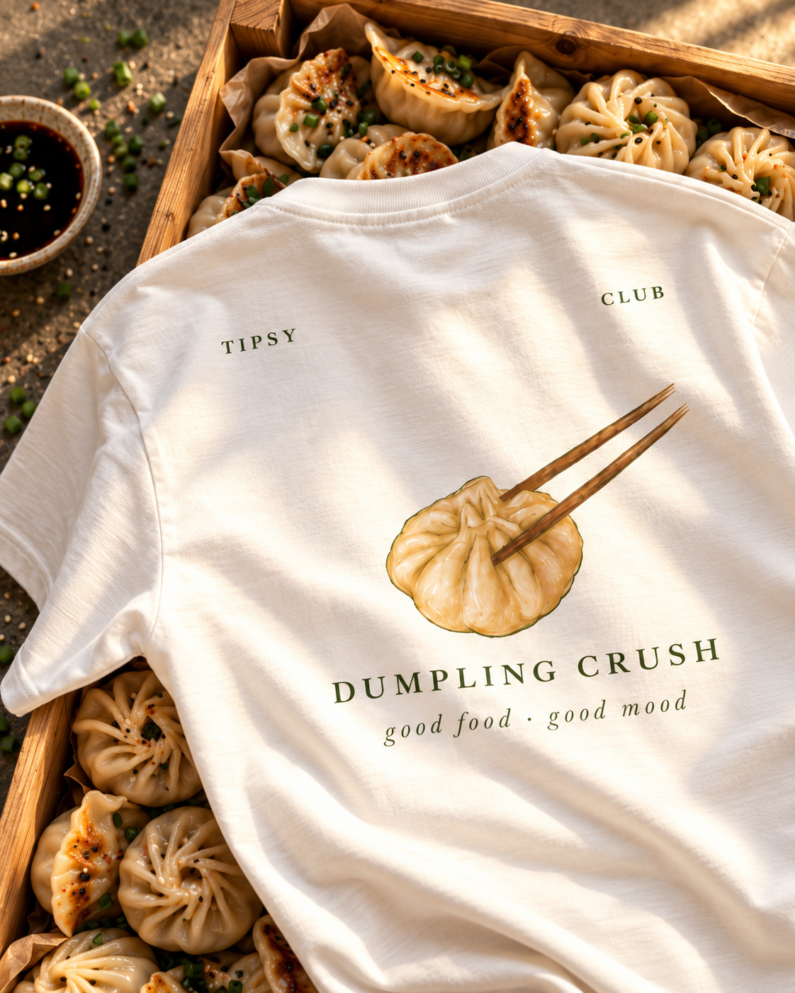 T-shirt Dumpling Lover — photo d’ambiance et détail du motif