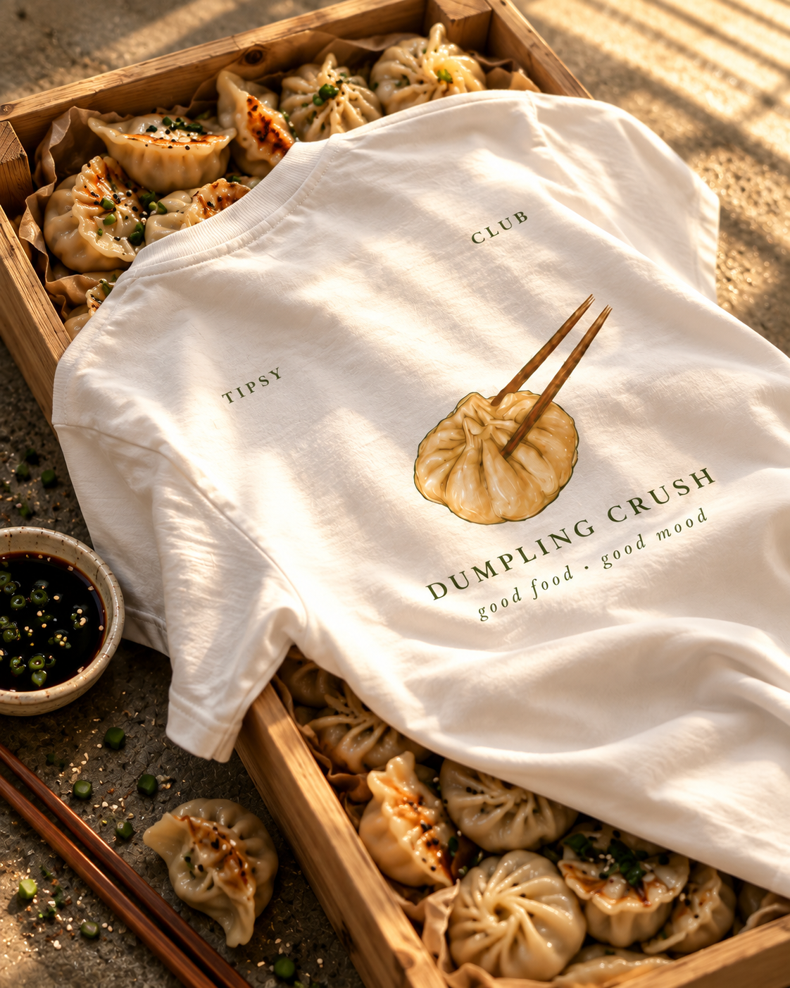 T-shirt Dumpling Lover — photo d’ambiance et détail du motif