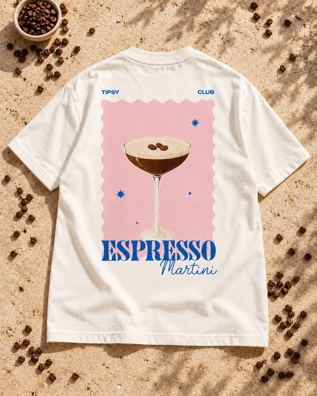 T-shirt Espresso Martini Club — photo d’ambiance et détail du motif