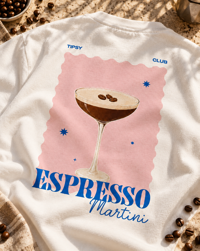 T-shirt Espresso Martini Club — photo d’ambiance et détail du motif