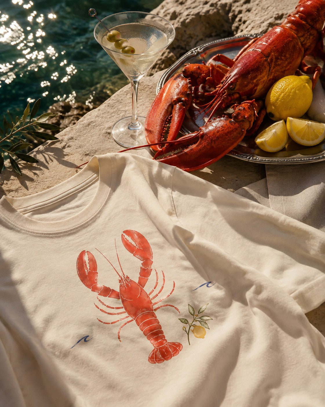 Lobster, martini and the Mediterranee lobster tee laid flat on stone