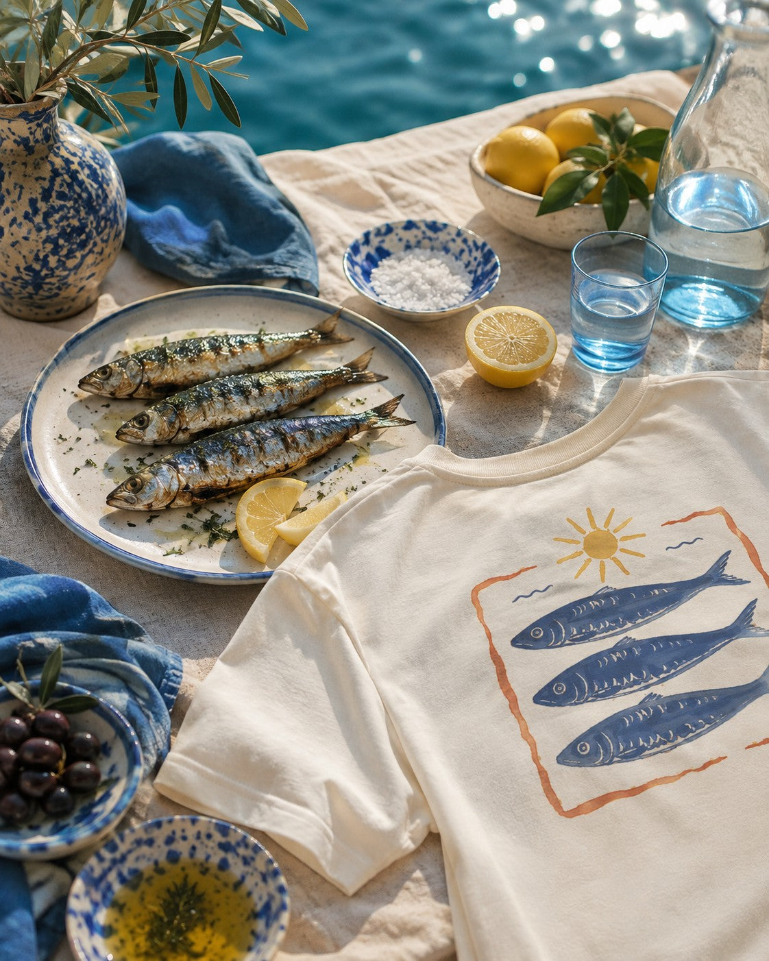 Grilled sardines, olives and the Mediterranee tee laid flat on a summer table