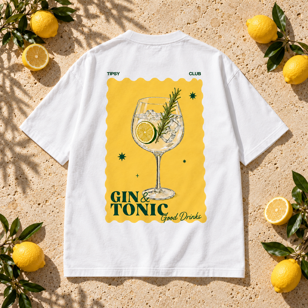 T-shirt Gin Tonic Club — photo d’ambiance et détail du motif