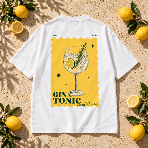 T-shirt Gin Tonic Club — photo d’ambiance et détail du motif