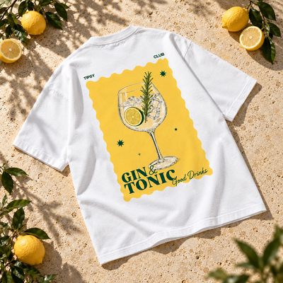 T-shirt Gin Tonic Club — photo d’ambiance et détail du motif