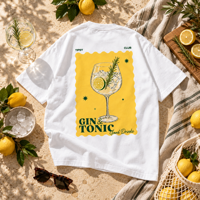 T-shirt Gin Tonic Club — photo d’ambiance et détail du motif