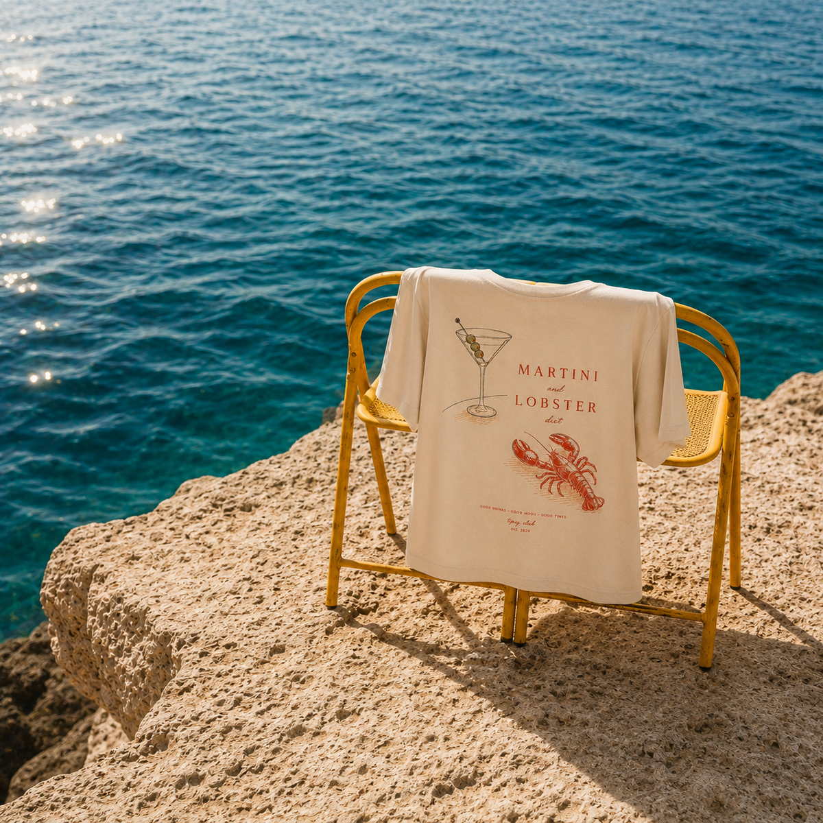 T-shirt Martini & Lobster Diet — photo d’ambiance et détail du motif