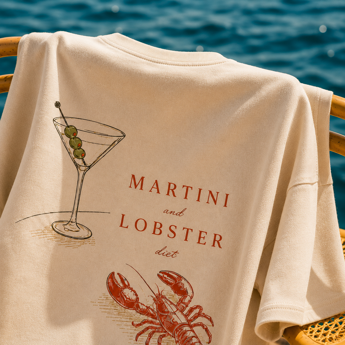T-shirt Martini & Lobster Diet — photo d’ambiance et détail du motif