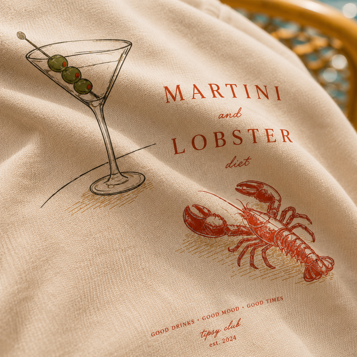 T-shirt Martini & Lobster Diet — photo d’ambiance et détail du motif