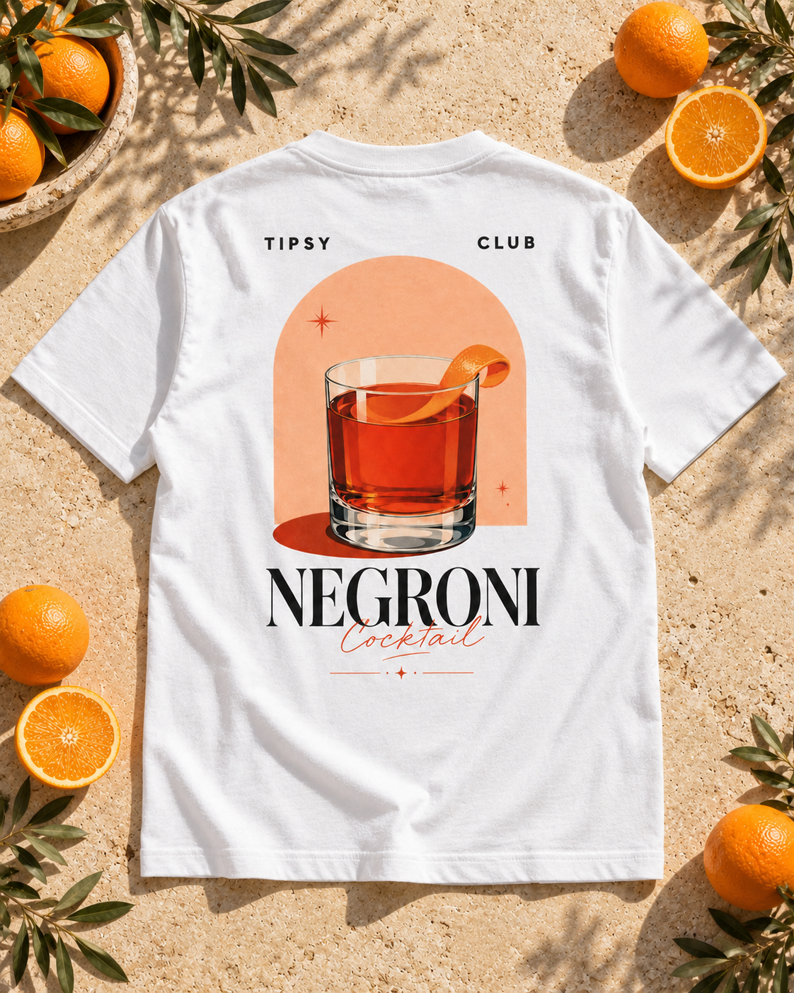 T-shirt Negroni Club — photo d’ambiance et détail du motif