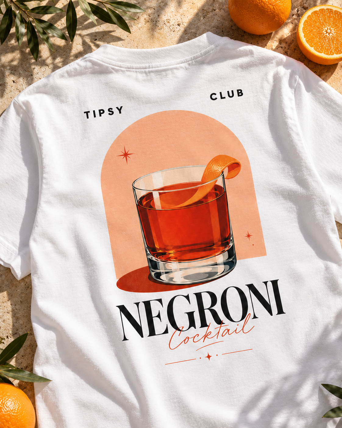 T-shirt Negroni Club — photo d’ambiance et détail du motif