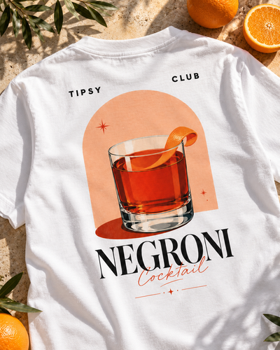 T-shirt Negroni Club — photo d’ambiance et détail du motif