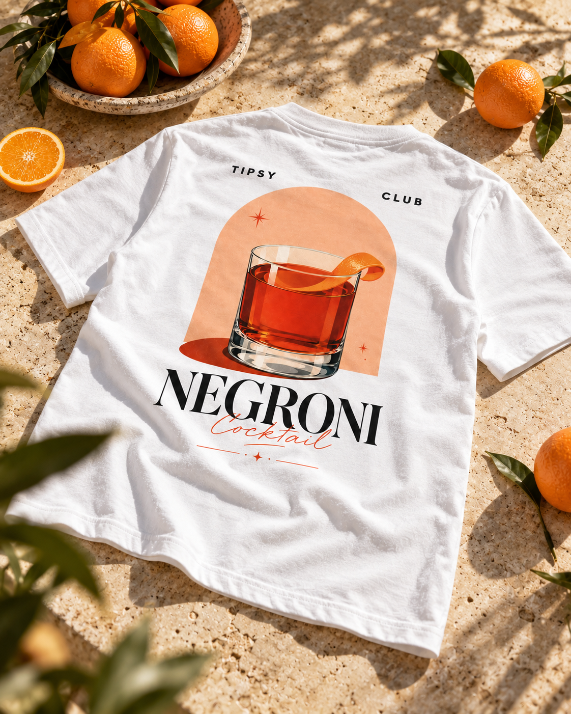 T-shirt Negroni Club — photo d’ambiance et détail du motif