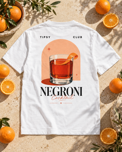 T-shirt Negroni Club — photo d’ambiance et détail du motif