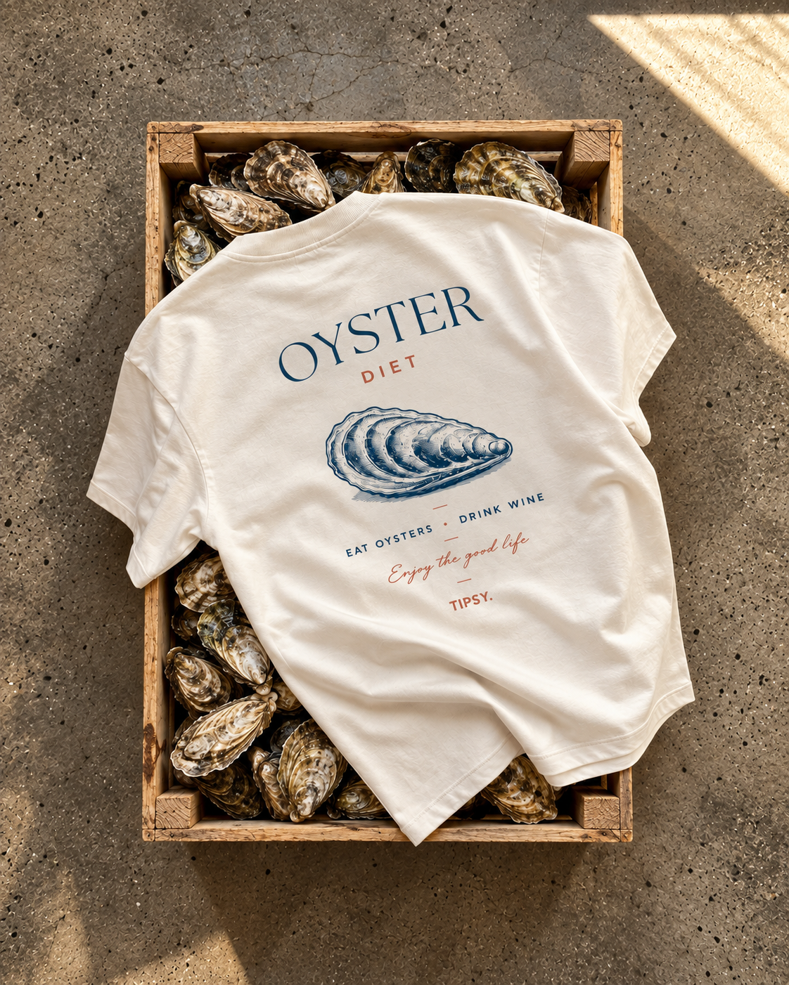 T-shirt Oyster Diet — photo d’ambiance et détail du motif