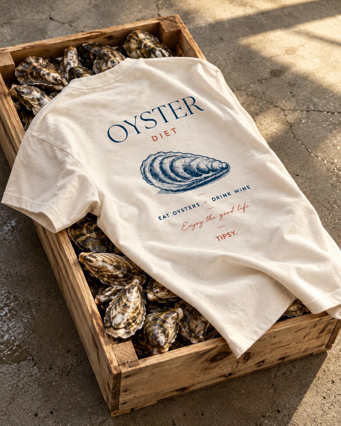 T-shirt Oyster Diet — photo d’ambiance et détail du motif