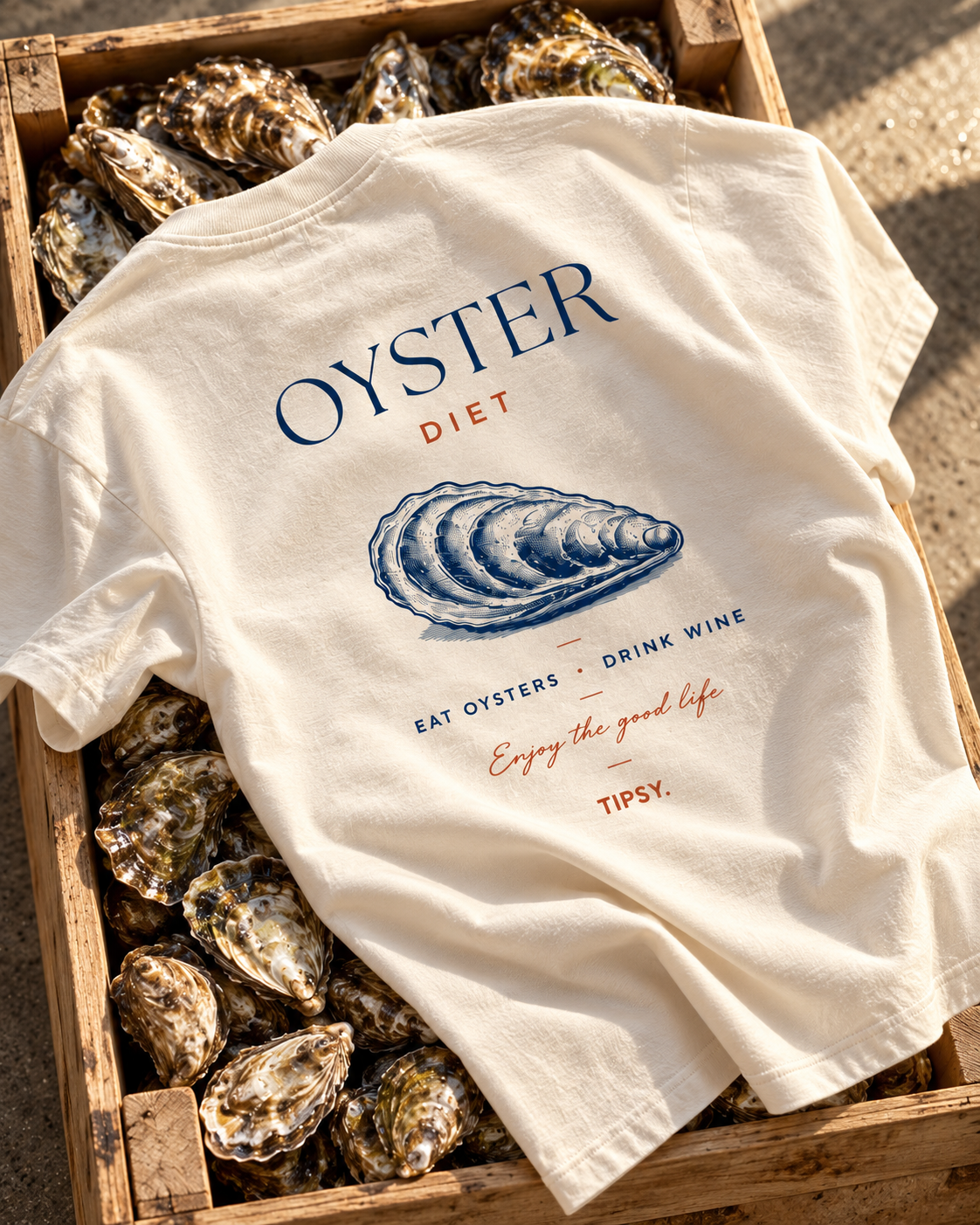 T-shirt Oyster Diet — photo d’ambiance et détail du motif