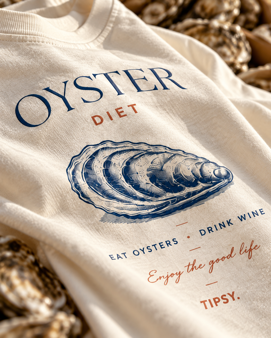 T-shirt Oyster Diet — photo d’ambiance et détail du motif