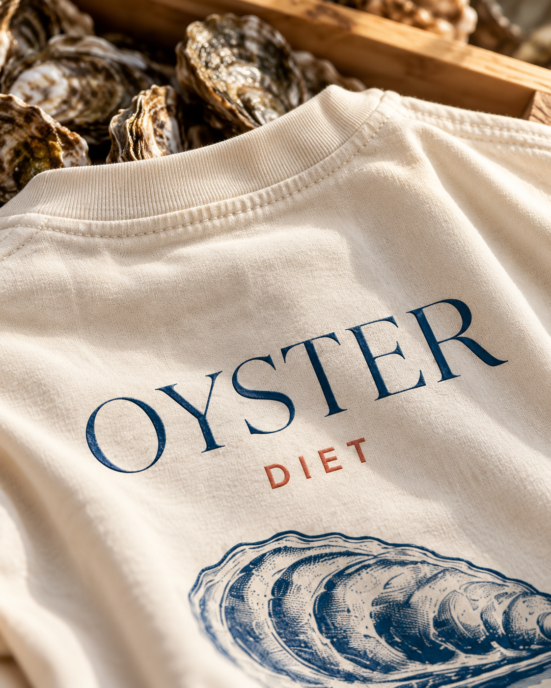 T-shirt Oyster Diet — photo d’ambiance et détail du motif