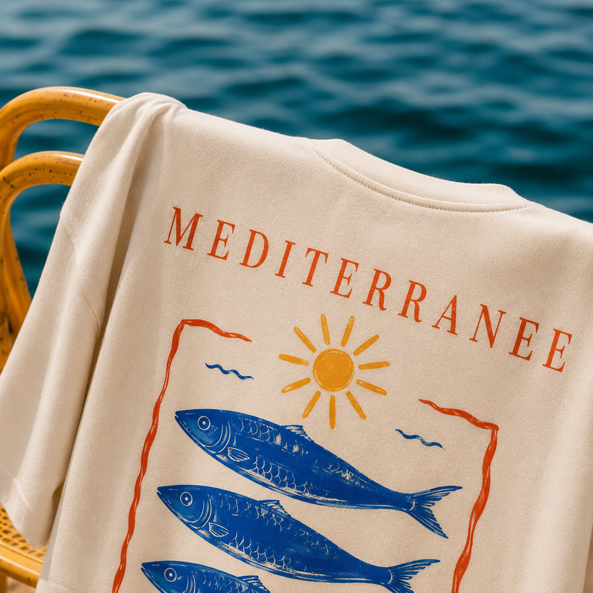 T-shirt Sardine Club — photo d’ambiance et détail du motif