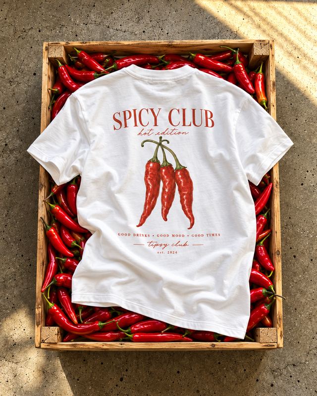 T-shirt Spicy Club blanc — photo d’ambiance avec l’imprimé au dos