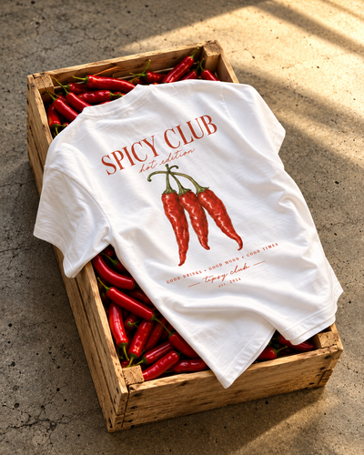 T-shirt Spicy Club blanc — photo d’ambiance avec l’imprimé au dos