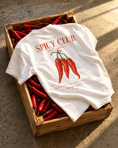 T-shirt Spicy Club blanc — photo d’ambiance avec l’imprimé au dos