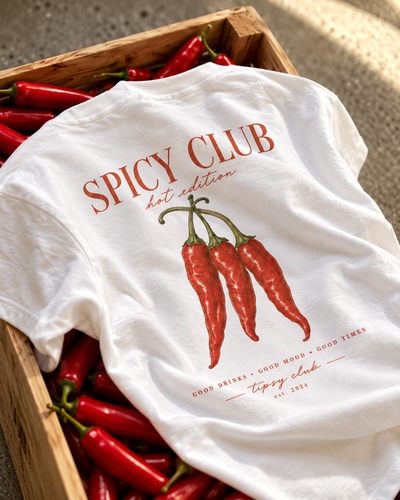 T-shirt Spicy Club blanc — photo d’ambiance avec l’imprimé au dos