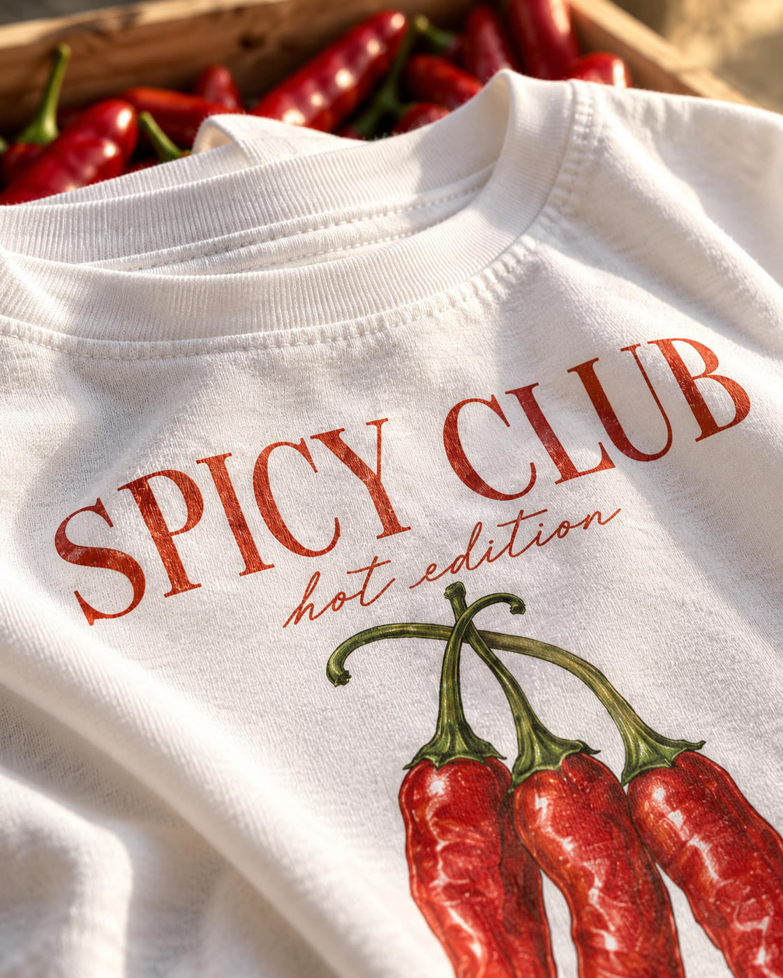 T-shirt Spicy Club blanc — photo d’ambiance avec l’imprimé au dos