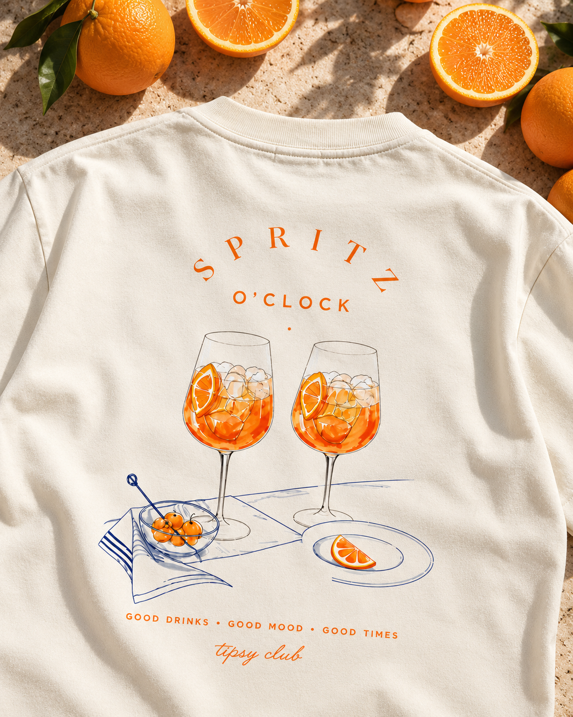 T-shirt Spritz Club — photo d’ambiance et détail du motif