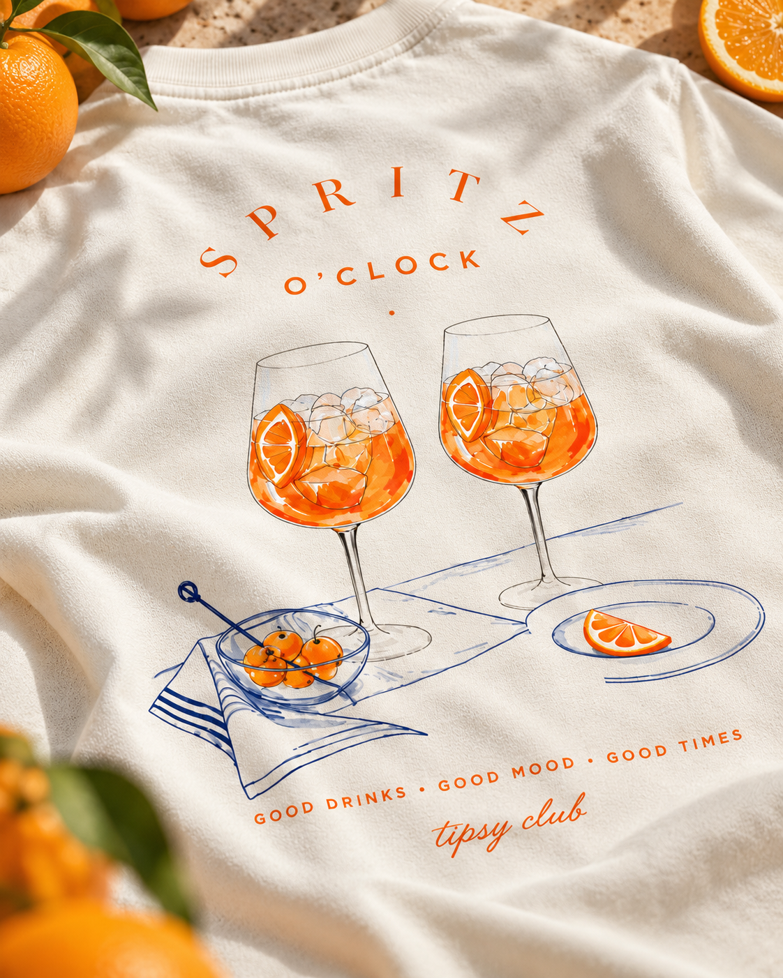 T-shirt Spritz Club — photo d’ambiance et détail du motif
