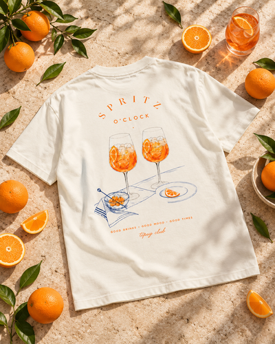 T-shirt Spritz Club — photo d’ambiance et détail du motif