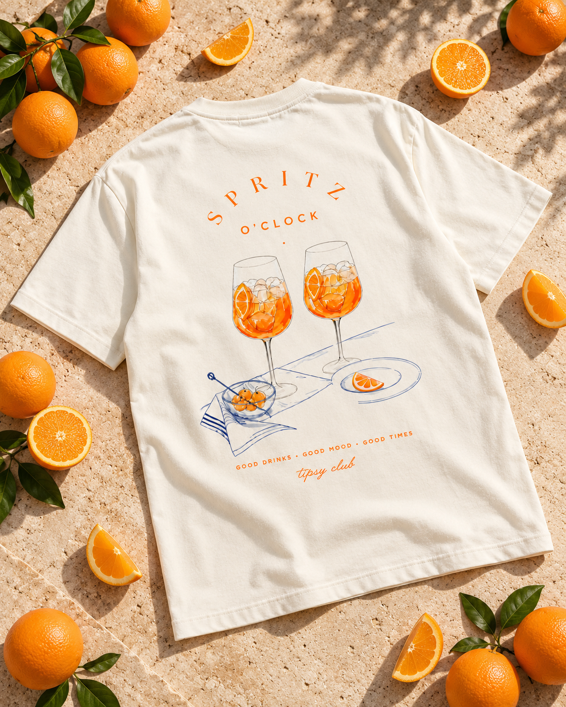 T-shirt Spritz Club — photo d’ambiance et détail du motif