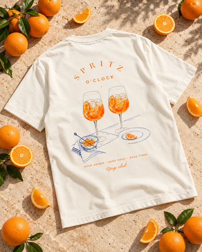 T-shirt Spritz Club — photo d’ambiance et détail du motif