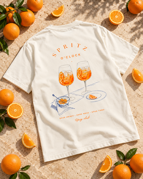 T-shirt Spritz Club — photo d’ambiance et détail du motif