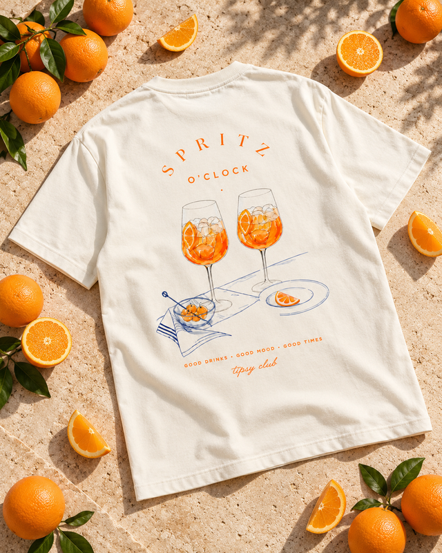 T-shirt Spritz Club — photo d’ambiance et détail du motif