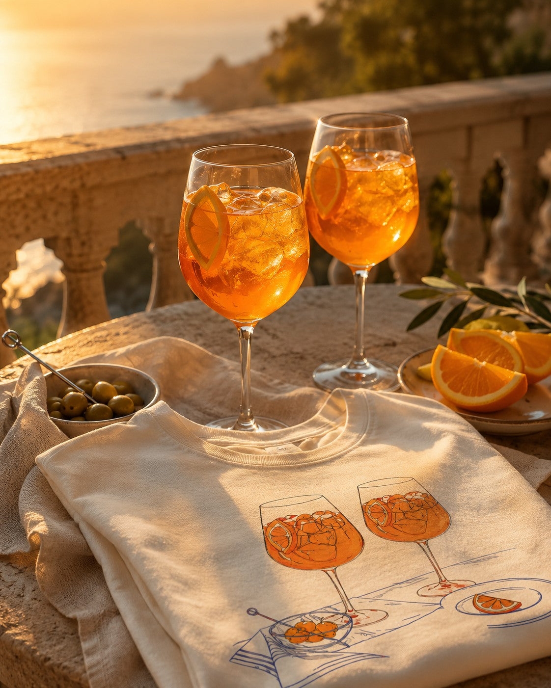 The Spritz tee folded on a terrace table at sunset