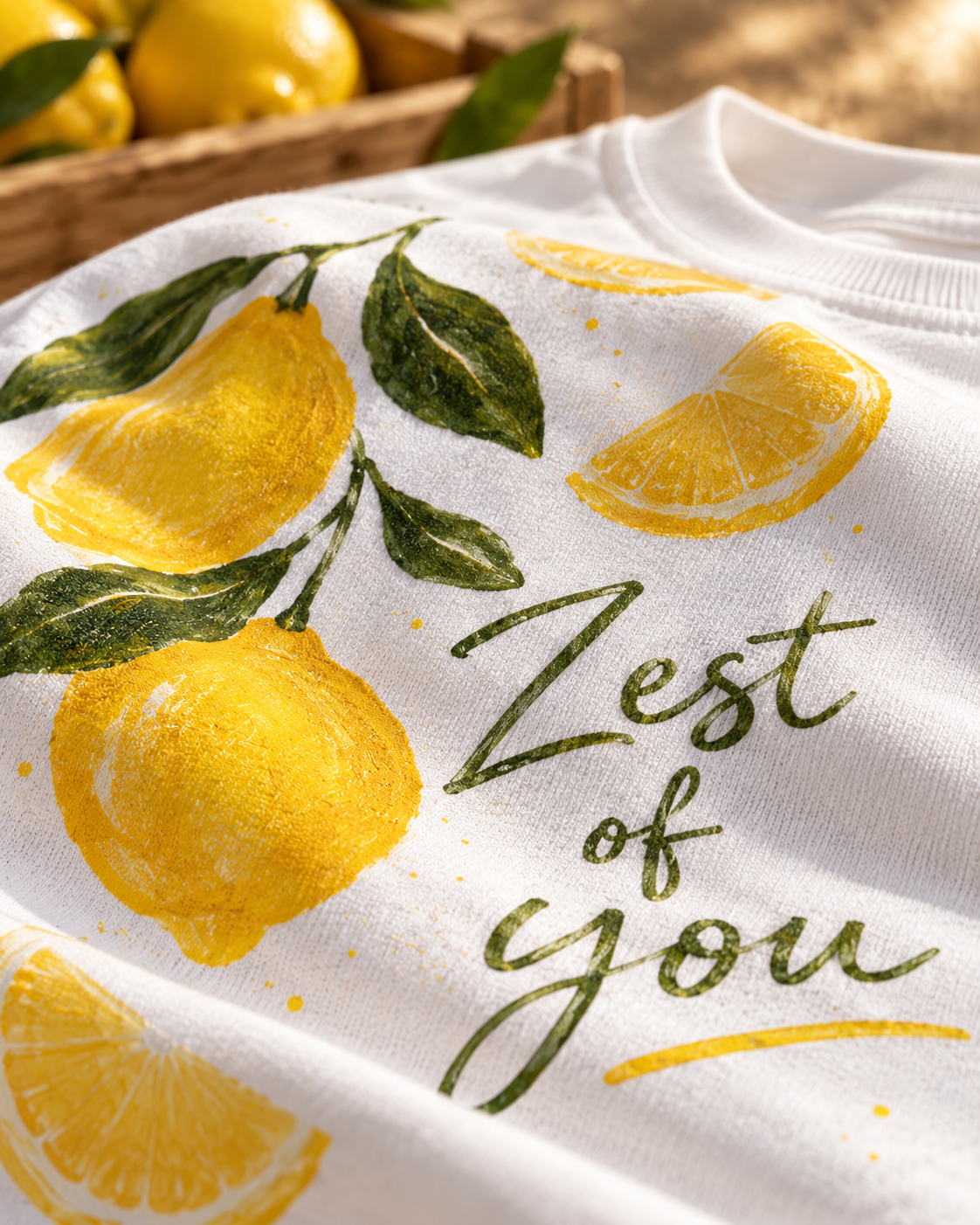 T-shirt Zest of You — photo d’ambiance et détail du motif