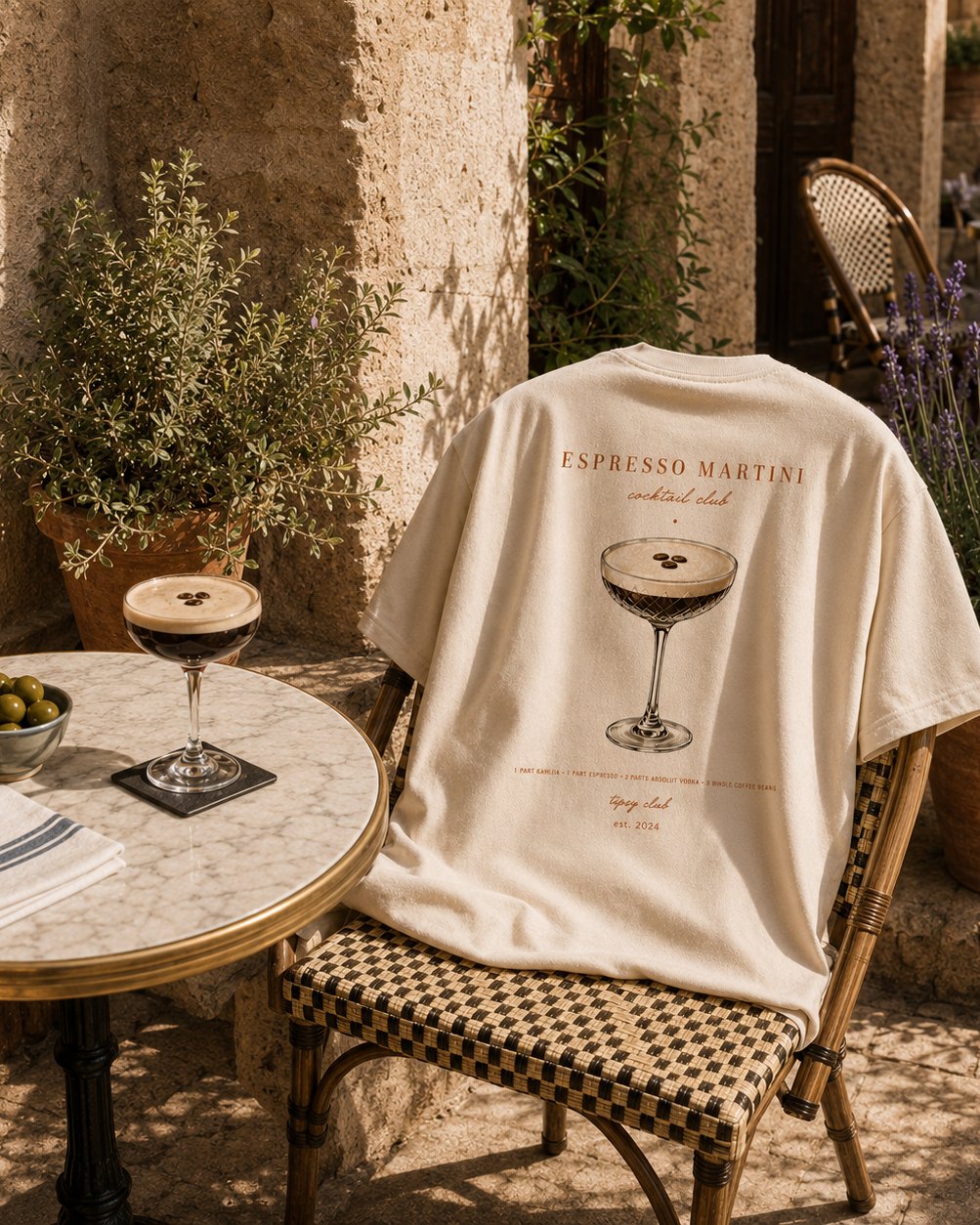 Espresso Martini tee on a café chair beside the drink