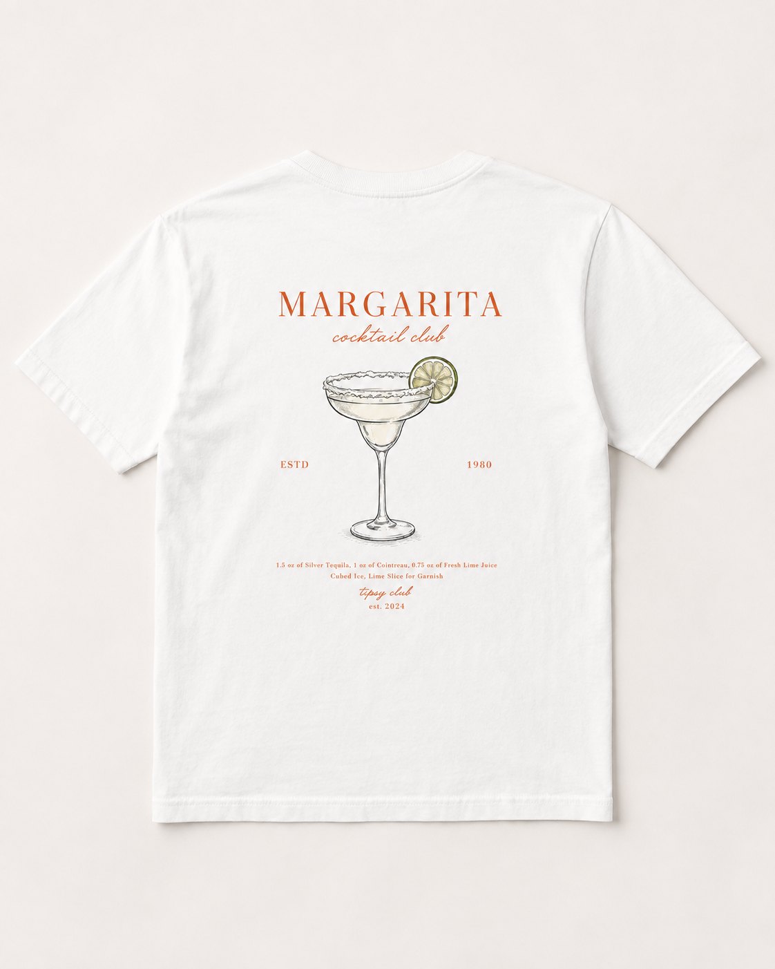 Margarita Cocktail Club tee, back print: a salt-rimmed margarita with a lime wheel in fine line, terracotta lettering