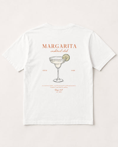 Margarita Cocktail Club tee, back print: a salt-rimmed margarita with a lime wheel in fine line, terracotta lettering