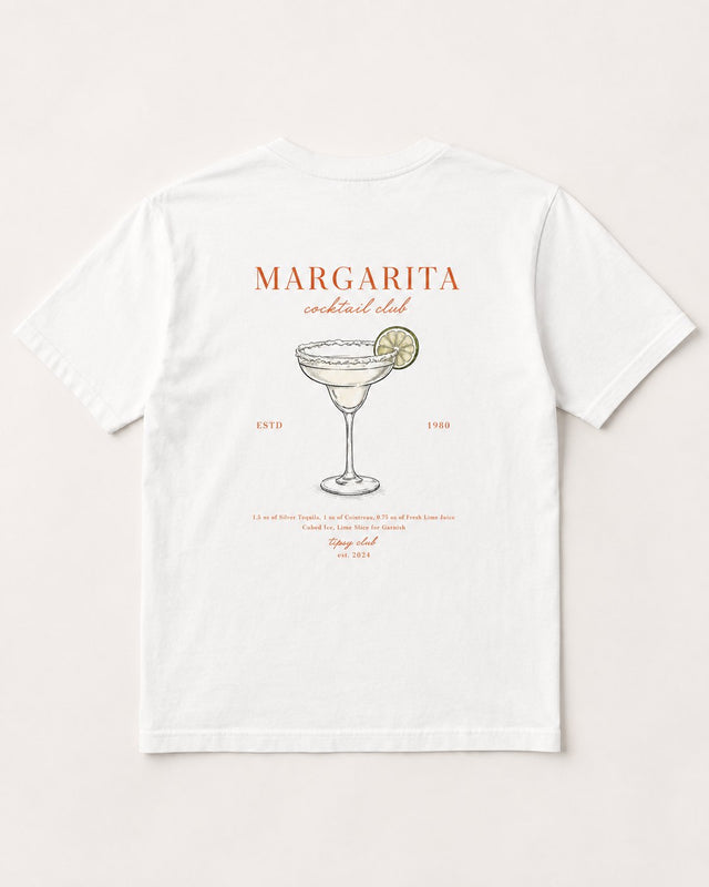 Margarita Cocktail Club tee, back print: a salt-rimmed margarita with a lime wheel in fine line, terracotta lettering