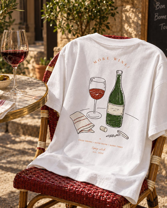 More Wine tee, white, on a red rattan chair beside a glass of red: bottle, glass and corkscrew in line art