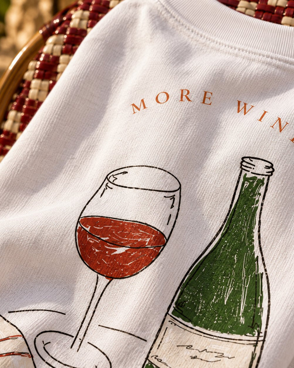 More Wine tee — macro, the back print up close