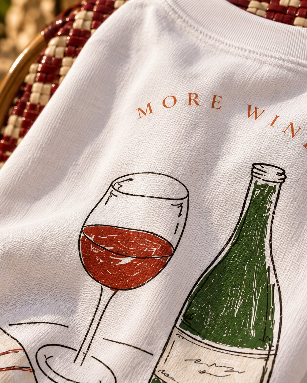 More Wine tee — macro, the back print up close