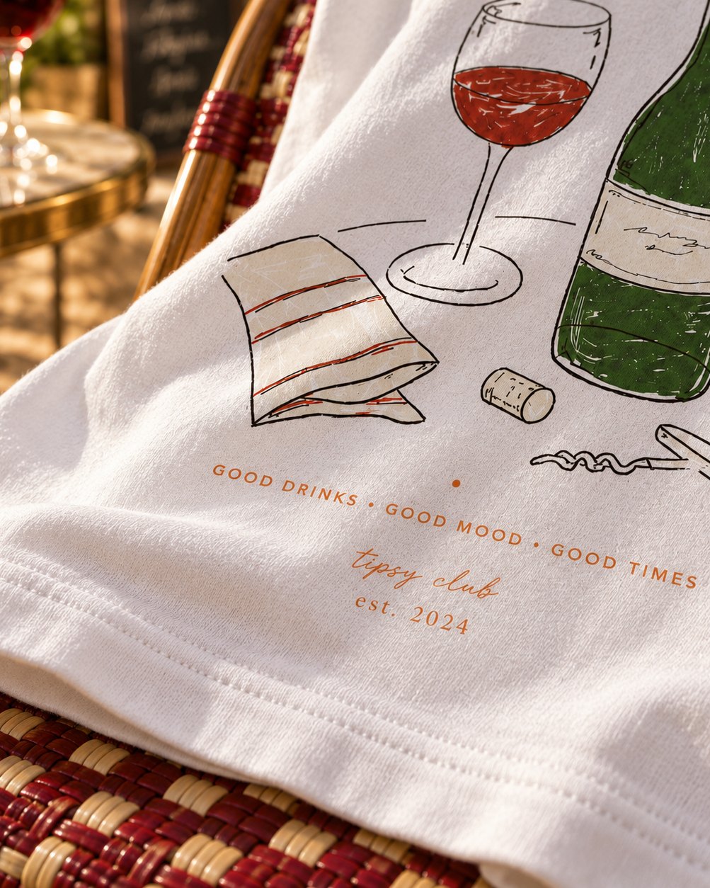 More Wine print detail: glass of red, bottle, napkin and cork, with Good drinks, good mood, good times