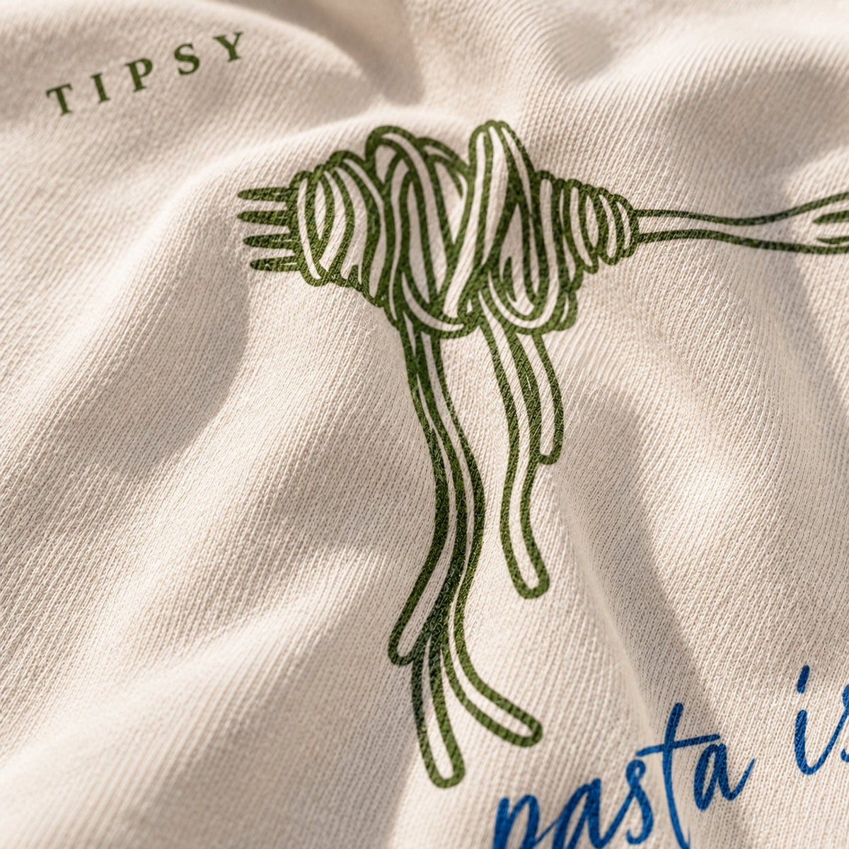 Pasta Is My Love Language tee — macro, the cotton up close